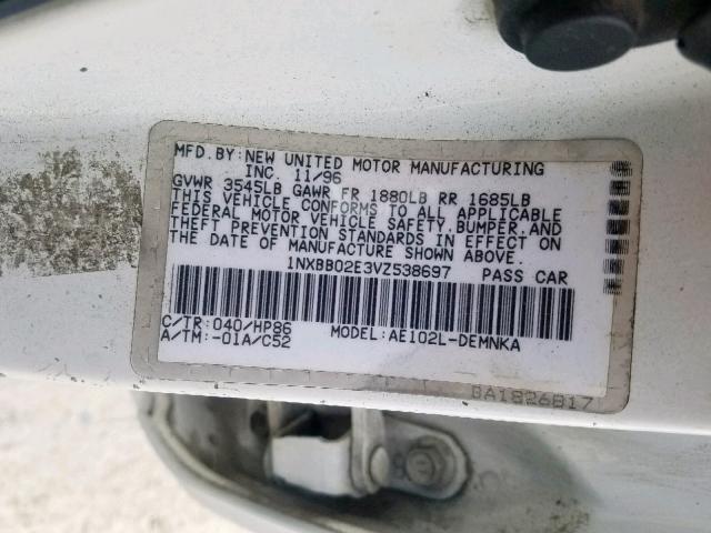 1NXBB02E3VZ538697 - 1997 TOYOTA COROLLA DX WHITE photo 10