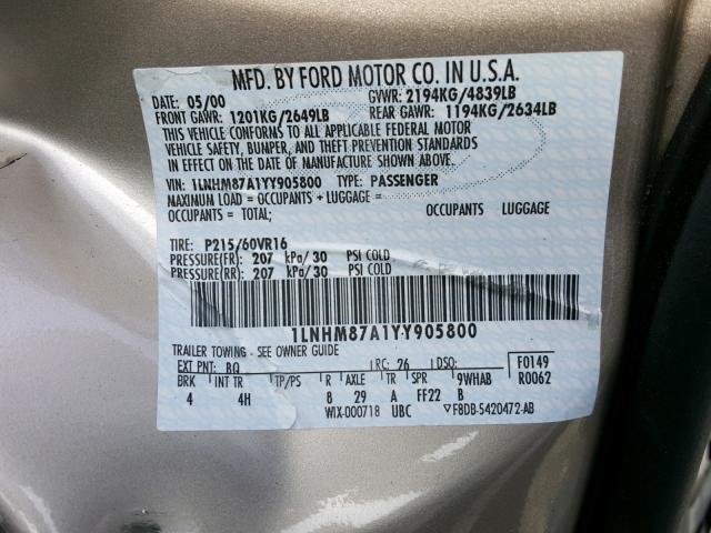 1LNHM87A1YY905800 - 2000 LINCOLN LS GOLD photo 10