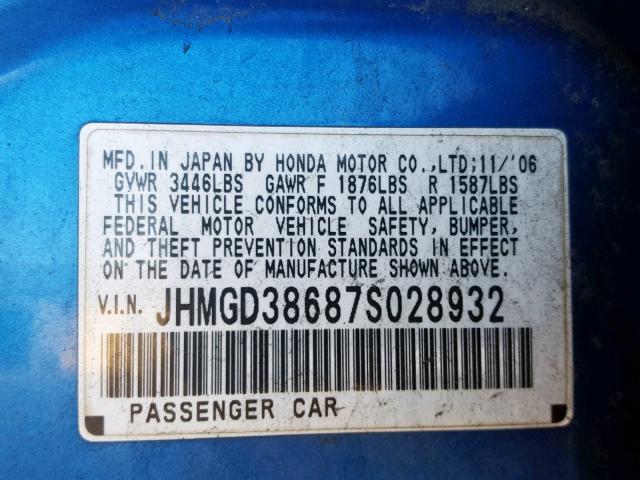 JHMGD38687S028932 - 2007 HONDA FIT S 蓝色 照片 10