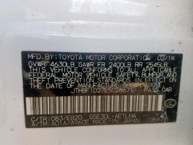 JTHBF1D27E5028671 - 2014 LEXUS IS 250 WHITE photo 10