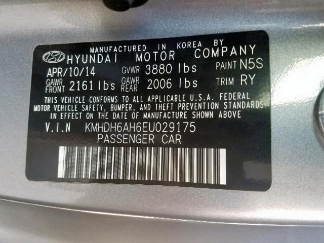 KMHDH6AH6EU029175 - 2014 HYUNDAI ELANTRA CO GRAY photo 10