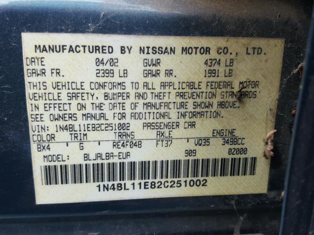 1N4BL11E82C251002 - 2002 NISSAN ALTIMA SE BLUE photo 10