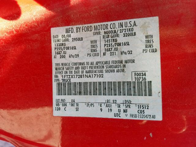 1FTZX17281NA17102 - 2001 FORD F150 RED photo 10