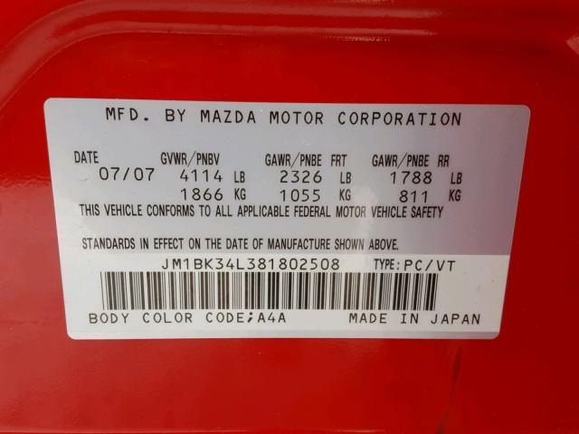 JM1BK34L381802508 - 2008 MAZDA SPEED 3 RED photo 10