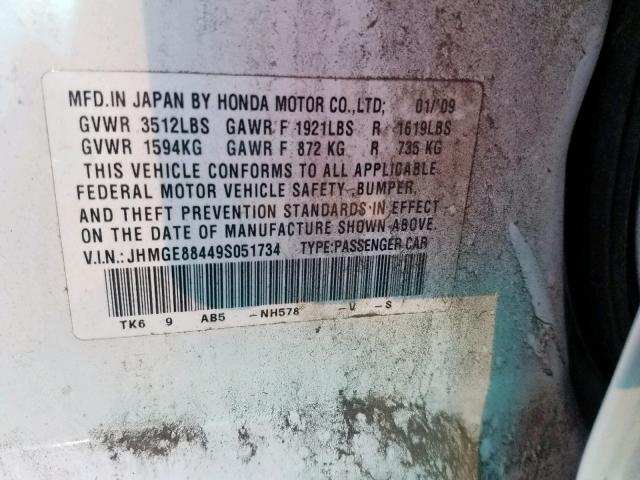 JHMGE88449S051734 - 2009 HONDA FIT SPORT WHITE photo 10