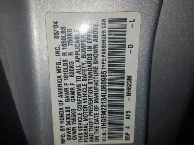 1HGEM22134L060985 - 2004 HONDA CIVIC DX V SILVER photo 10