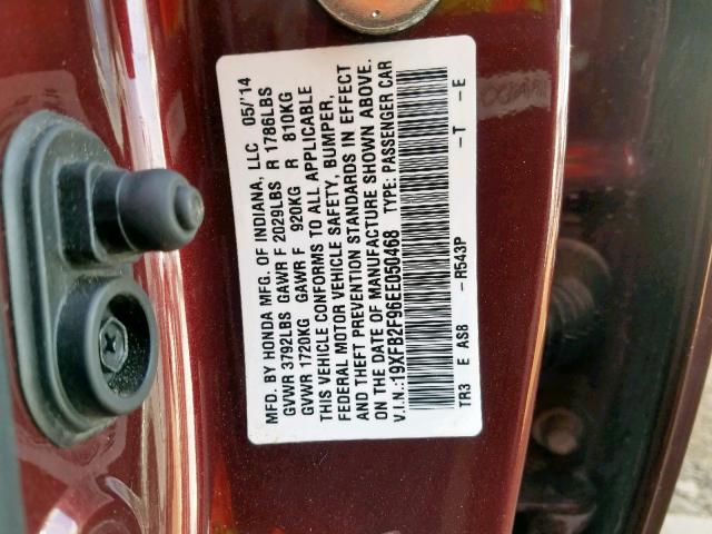 19XFB2F96EE050468 - 2014 HONDA CIVIC EXL 栗色 照片 10