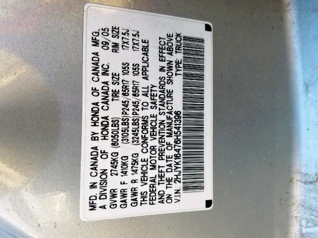 2HJYK16476H541396 - 2006 HONDA RIDGELINE SILVER photo 10