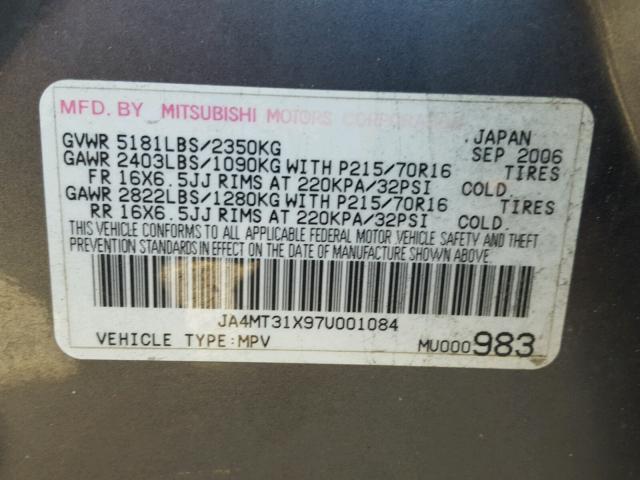 JA4MT31X97U001084 - 2007 MITSUBISHI OUTLANDER GRAY photo 10