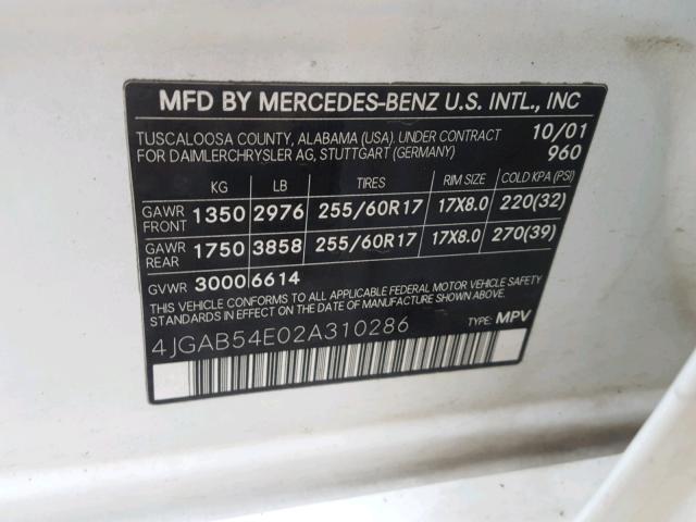 4JGAB54E02A310286 - 2002 MERCEDES-BENZ ML 320 WHITE photo 10