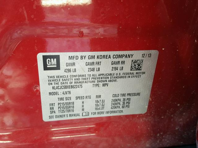 KL4CJCSBXEB622475 - 2014 BUICK ENCORE RED photo 10