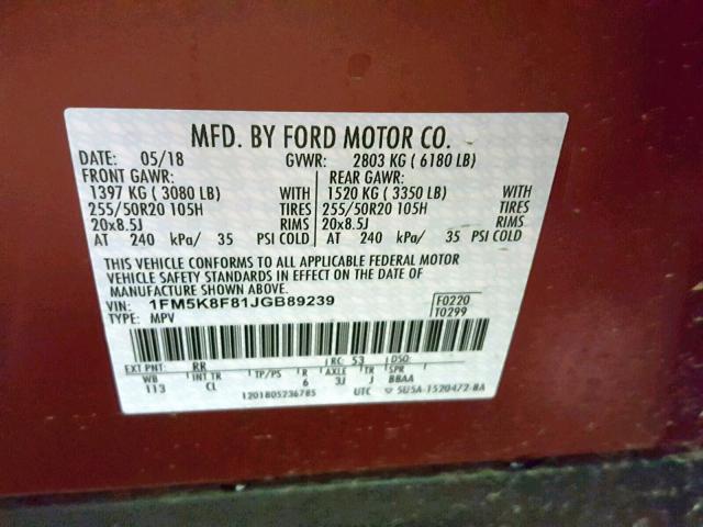 1FM5K8F81JGB89239 - 2018 FORD EXPLORER L RED photo 10