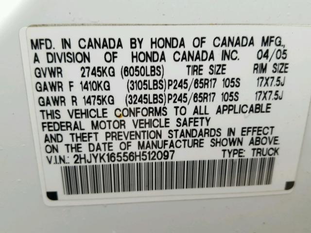 2HJYK16556H512097 - 2006 HONDA RIDGELINE WHITE photo 10