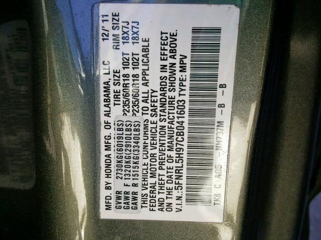 5FNRL5H97CB041603 - 2012 HONDA ODYSSEY TO SILVER photo 10