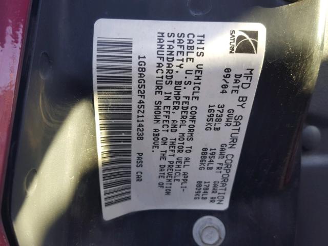 1G8AG52F45Z114238 - 2005 SATURN ION LEVEL 红色 照片 10