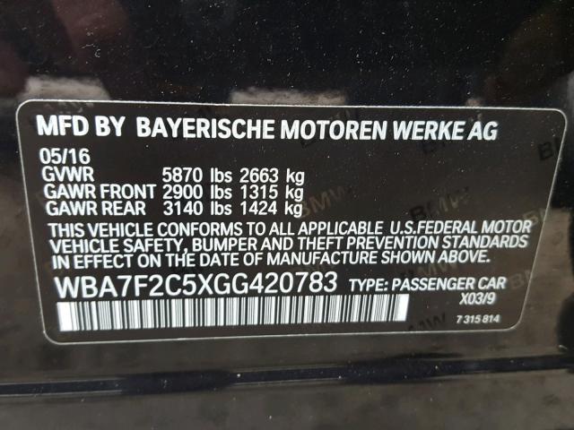 WBA7F2C5XGG420783 - 2016 BMW 750 XI BLACK photo 10