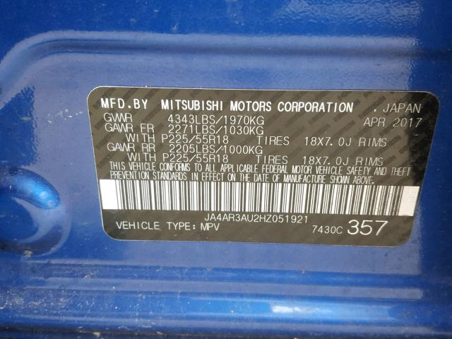 JA4AR3AU2HZ051921 - 2017 MITSUBISHI OUTLANDER BLUE photo 10