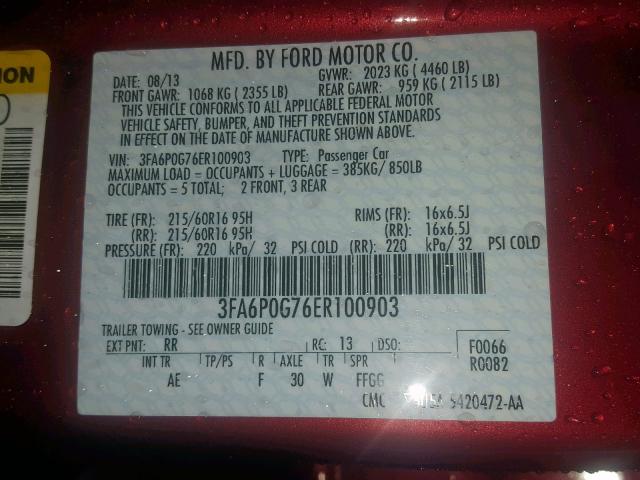 3FA6P0G76ER100903 - 2014 FORD FUSION S RED photo 10