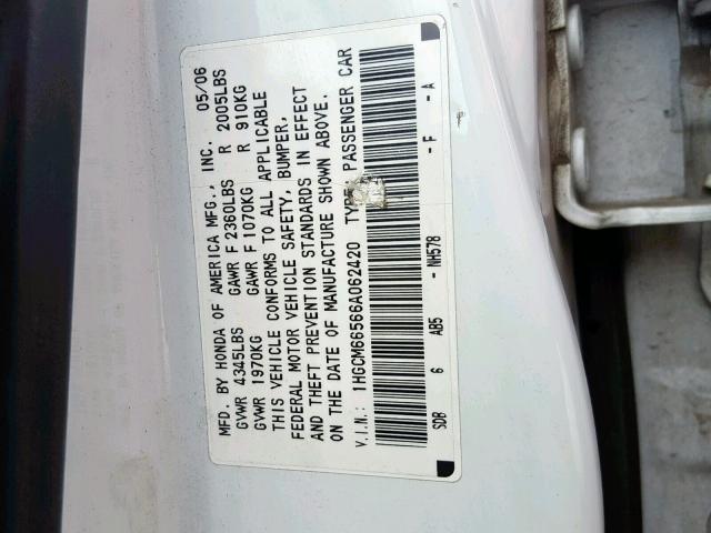 1HGCM66566A062420 - 2006 HONDA ACCORD EX WHITE photo 10