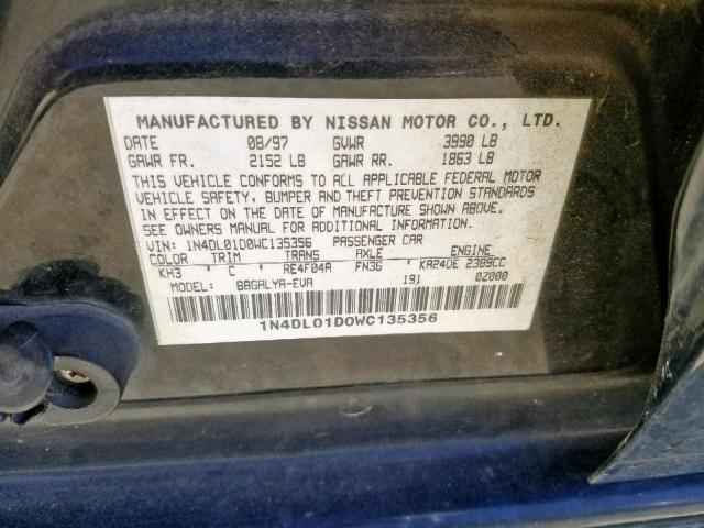 1N4DL01D0WC135356 - 1998 NISSAN ALTIMA XE BLACK photo 10