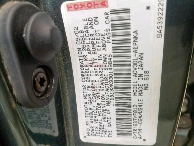 JTDBE32K930149845 - 2003 TOYOTA CAMRY LE GREEN photo 10