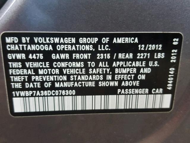 1VWBP7A36DC076300 - 2013 VOLKSWAGEN PASSAT SE GRAY photo 10