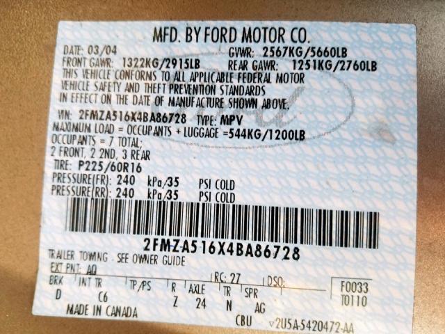 2FMZA516X4BA86728 - 2004 FORD FREESTAR S TAN photo 10