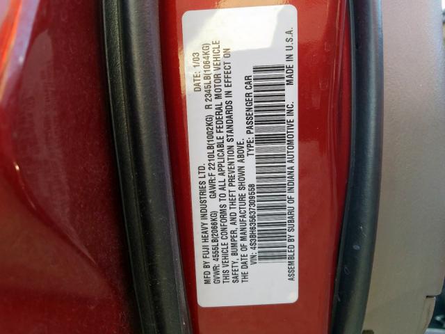 4S3BH635637309558 - 2003 SUBARU LEGACY L MAROON photo 10