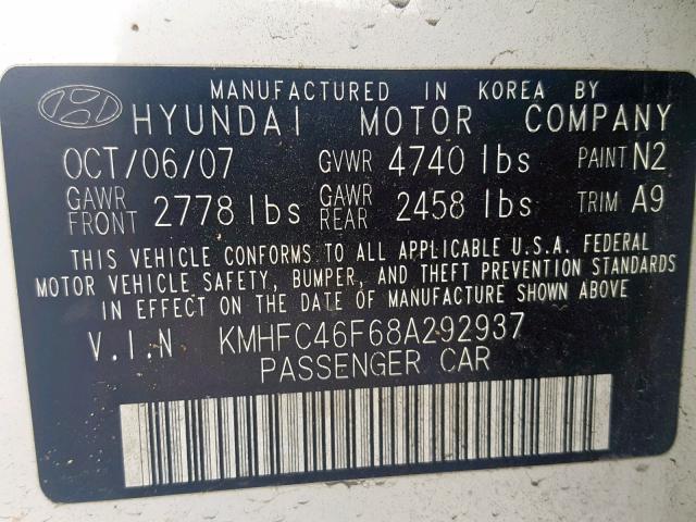 KMHFC46F68A292937 - 2008 HYUNDAI AZERA SE WHITE photo 10