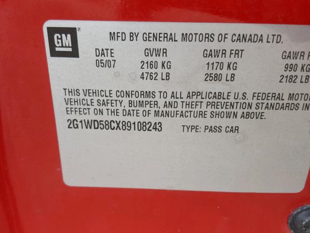 2G1WD58CX89108243 - 2008 CHEVROLET IMPALA SUP RED photo 10