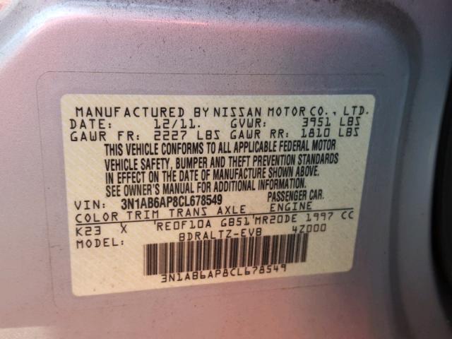 3N1AB6AP8CL678549 - 2012 NISSAN SENTRA 2.0 SILVER photo 10