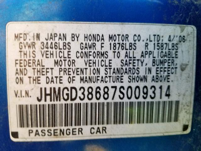JHMGD38687S009314 - 2007 HONDA FIT S 蓝色 照片 10