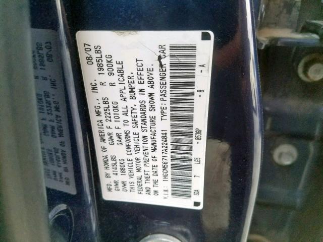 1HGCM56717A224841 - 2007 HONDA ACCORD EX BLUE photo 10