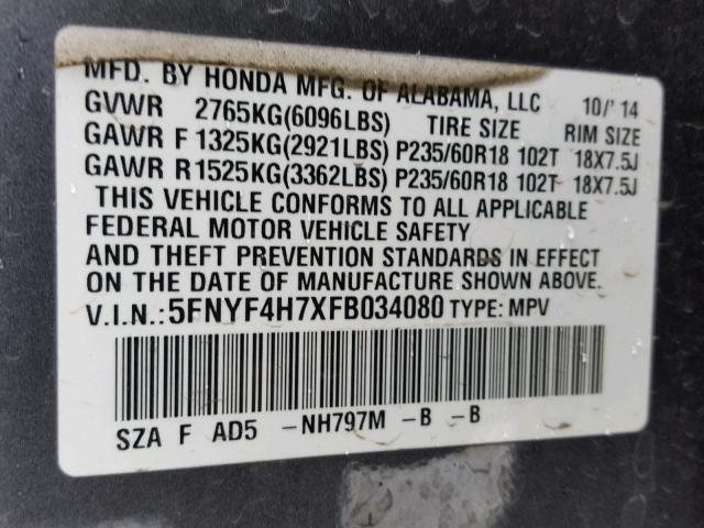 5FNYF4H7XFB034080 - 2015 HONDA PILOT EXLN GRAY photo 10