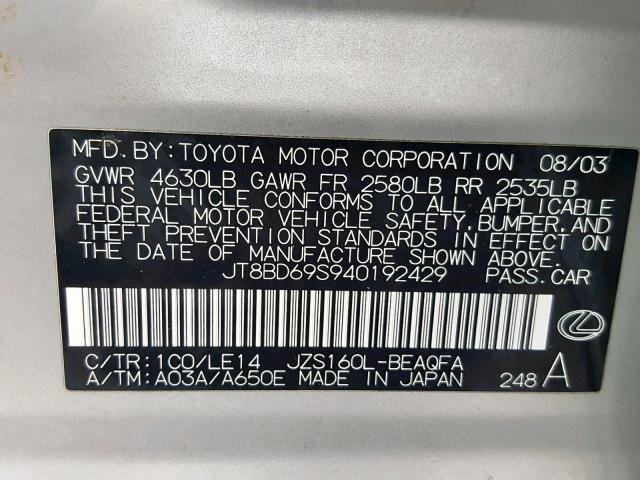 JT8BD69S940192429 - 2004 LEXUS GS 300 SILVER photo 10