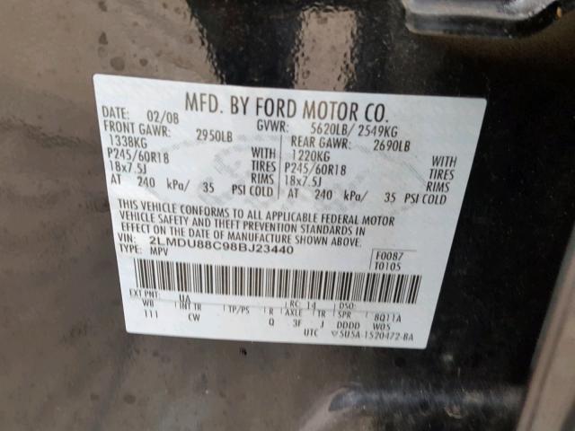 2LMDU88C98BJ23440 - 2008 LINCOLN MKX BLACK photo 10