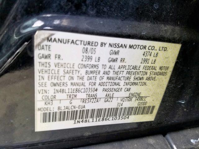 1N4BL11E86C103504 - 2006 NISSAN ALTIMA SE BLACK photo 10