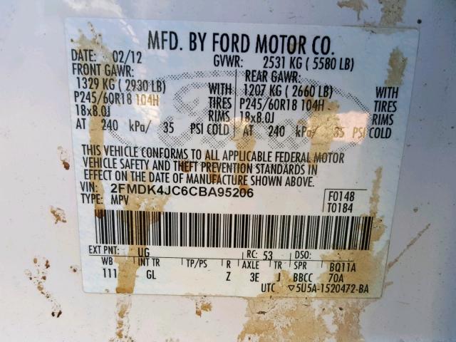 2FMDK4JC6CBA95206 - 2012 FORD EDGE SEL WHITE photo 10