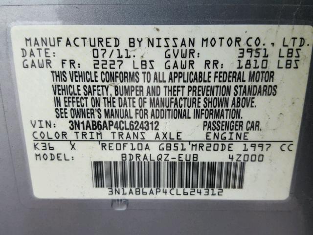 3N1AB6AP4CL624312 - 2012 NISSAN SENTRA 2.0 GRAY photo 10