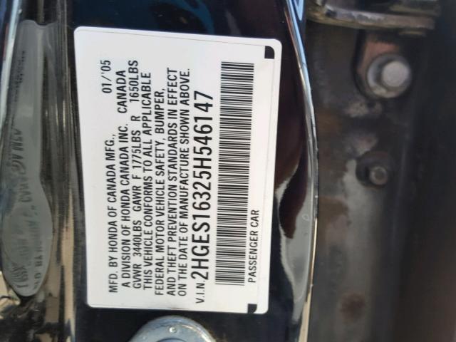 2HGES16325H546147 - 2005 HONDA CIVIC DX V BLACK photo 10