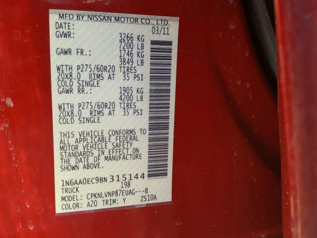 1N6AA0EC9BN315144 - 2011 NISSAN TITAN S RED photo 10