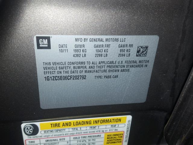 1G1ZC5E06CF202792 - 2012 CHEVROLET MALIBU 1LT GRAY photo 10