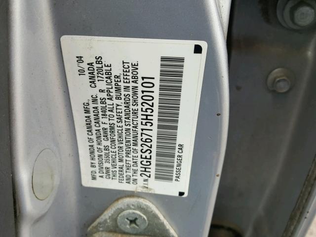 2HGES26715H520101 - 2005 HONDA CIVIC EX ვერცხლისფერი ფოტო 10