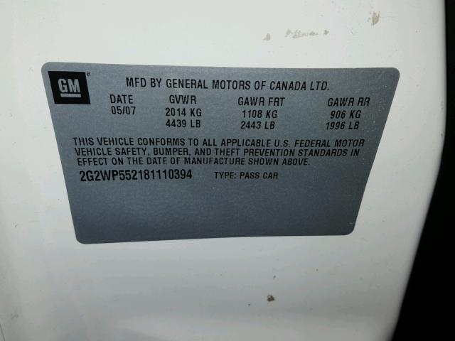 2G2WP552181110394 - 2008 PONTIAC GRAND PRIX WHITE photo 10