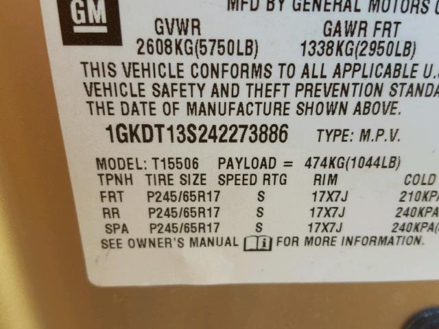 1GKDT13S242273886 - 2004 GMC ENVOY GOLD photo 10