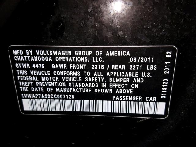 1VWAP7A32CC007128 - 2012 VOLKSWAGEN PASSAT S BLACK photo 10