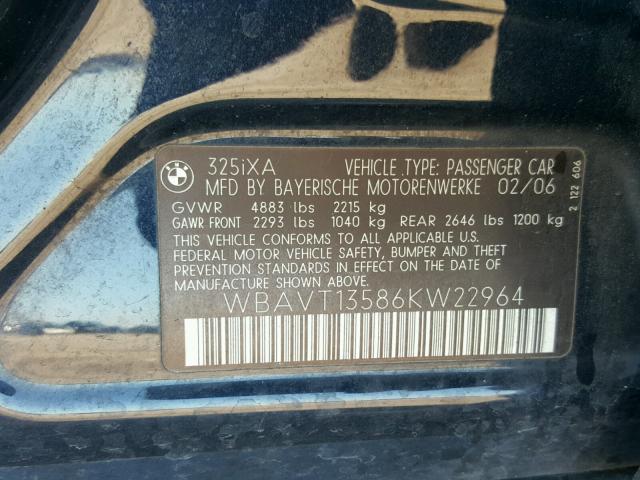 WBAVT13586KW22964 - 2006 BMW 325 XIT BLUE photo 10