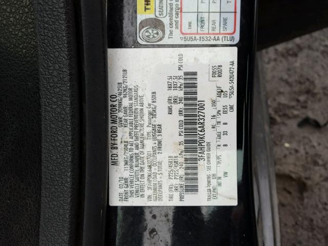 3FAHP0KC6AR327001 - 2010 FORD FUSION SPO BLACK photo 10