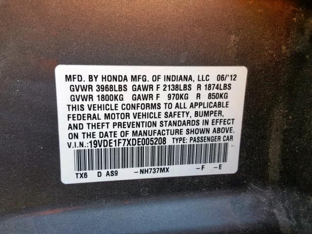 19VDE1F7XDE005208 - 2013 ACURA ILX 20 TEC GRAY photo 10