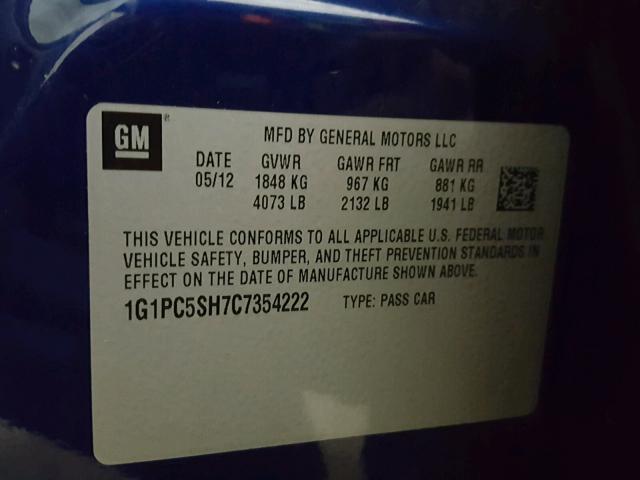 1G1PC5SH7C7354222 - 2012 CHEVROLET CRUZE LS BLUE photo 10